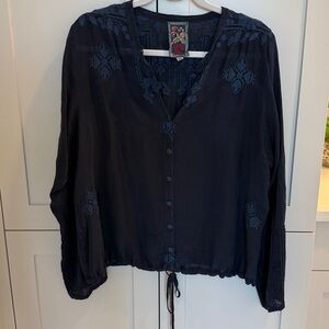 Johnny Was Navy Blouse with Embroidered Accents